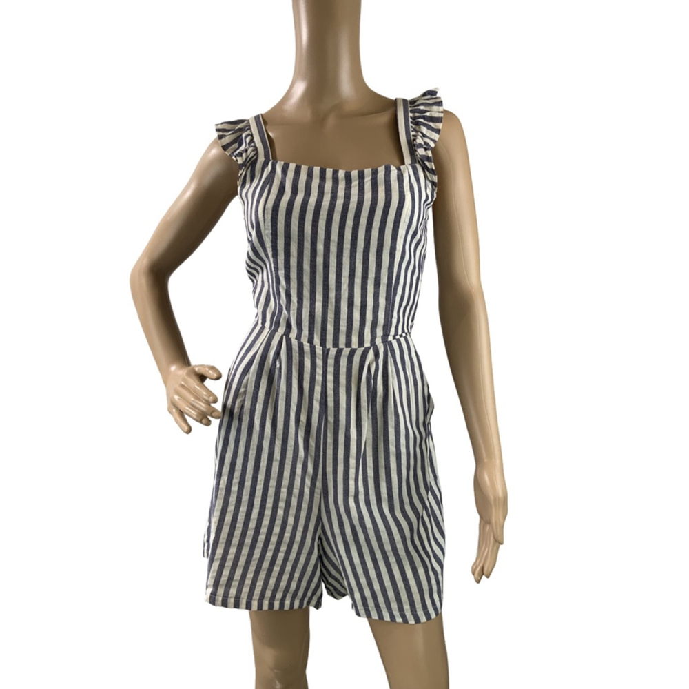Women's Striped Romper Romper Size 6 Blue/White Ruffles Fitted Waist Cottagecore - Picture 2 of 16